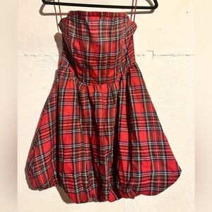 Red plaid strapless dress